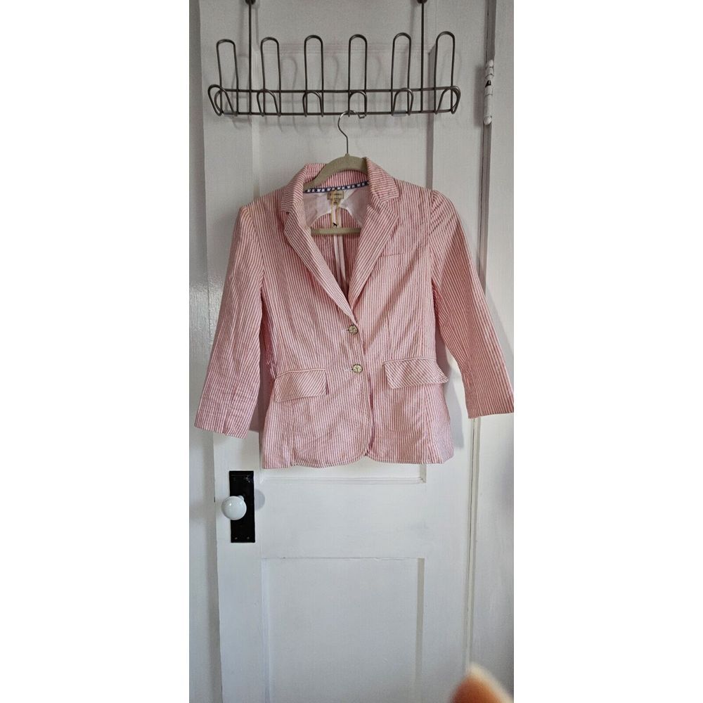 CREMIEUX SIZE 2 Womans pink and White Striped Blazer 100% Cotton